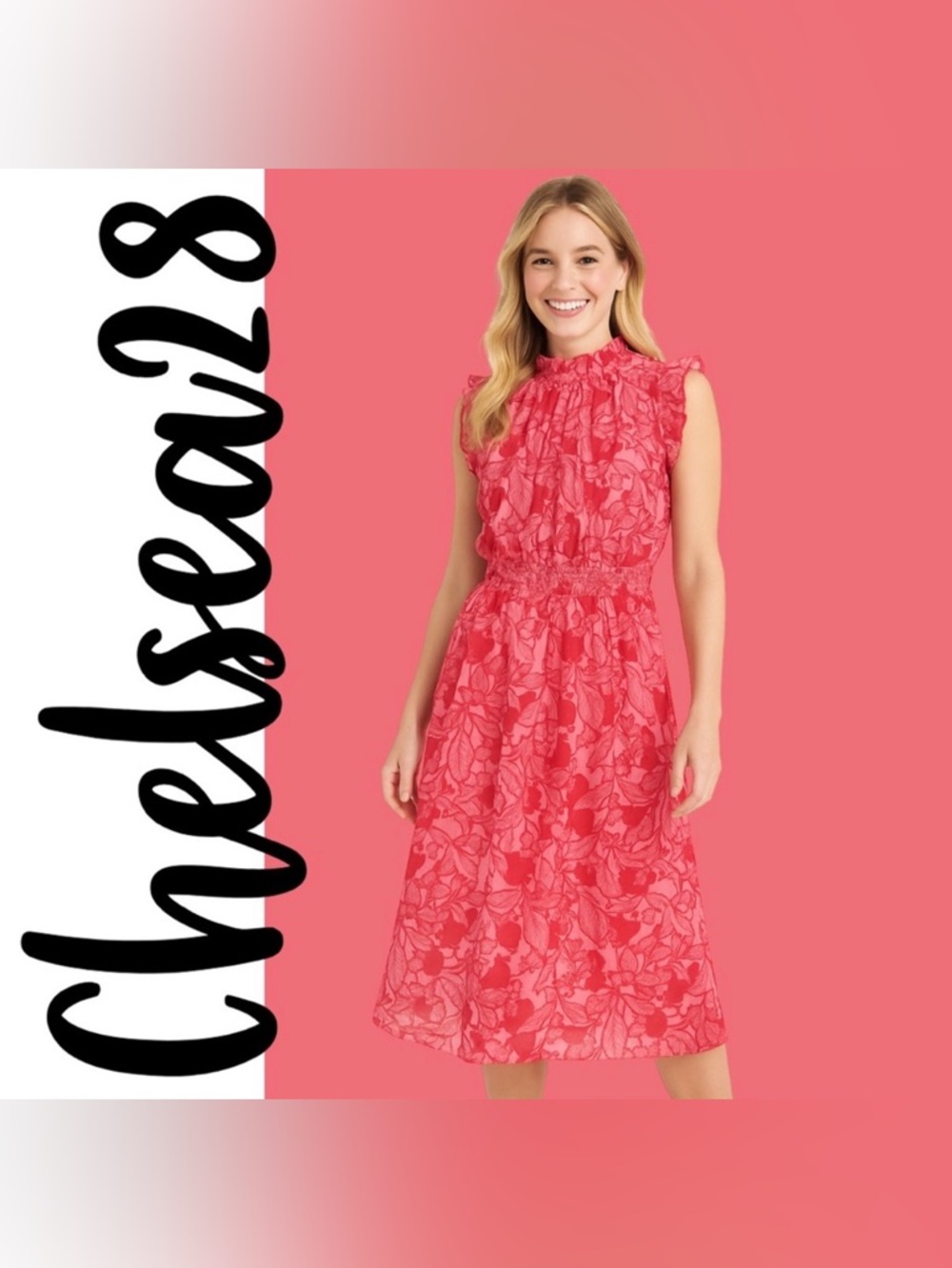 Chelsea28 Pink & Red Tropical Floral Ruffle Midi Dress, Large
